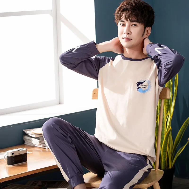 Spring Autumn Cotton Men's Pajamas Long Sleeve Cartoon Round Collar Set of Head Pajamas Set Casual Comfortable Men's Homewaer