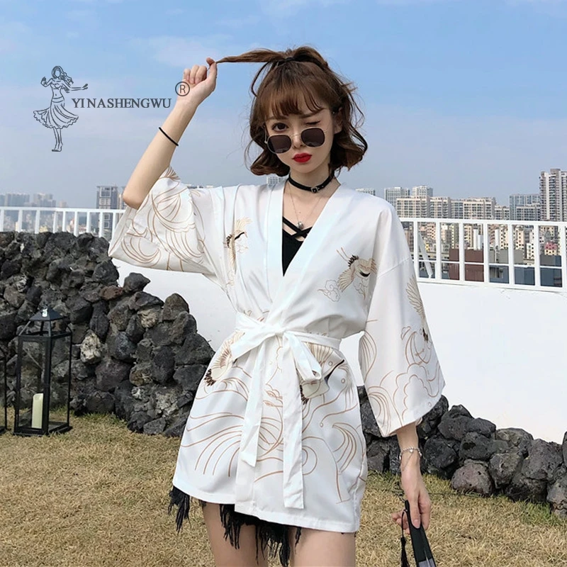 

Summer Crane Print Shirt Clothes Women Japanese Kimono Costume Retro Harajuku Haori Coat Chiffon Cardigan Yukata Blouse Clothing