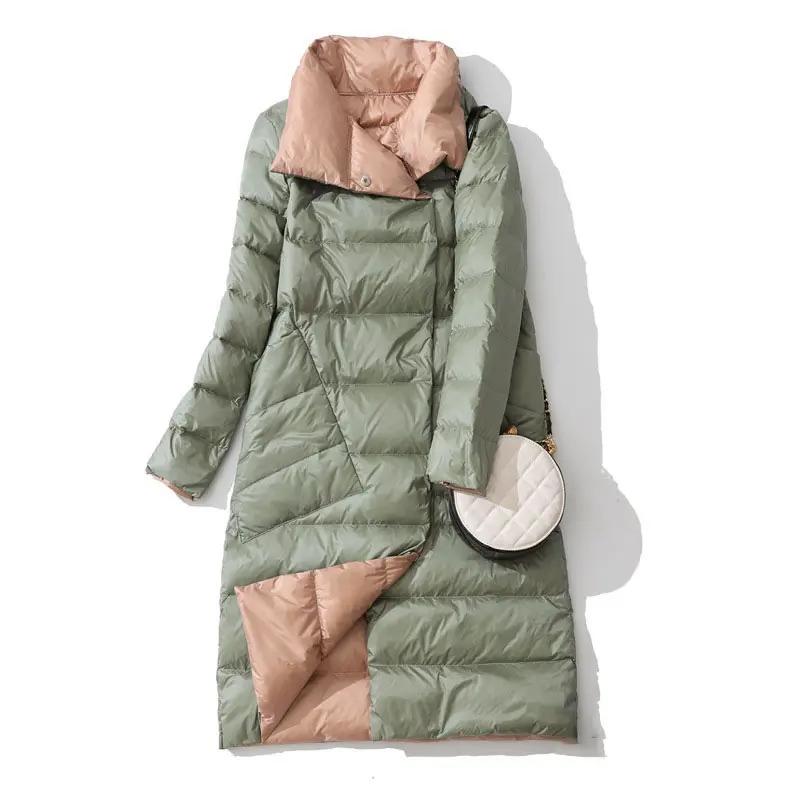 green GCC2417 XITAO тонкий длинный пуховик Женская мода белый утиный пух двойной для груди осеннее облегающее платье лоскутное пуховое пальто GCC2417 - Цвет: green GCC2417