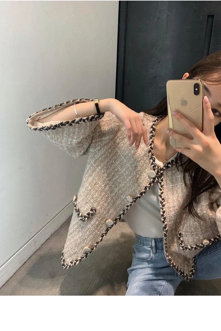 Осень Зима Женская куртка пальто Femme Роскошная подиумная мода Твид плед тонкий рукав летучая мышь Маленький аромат пальто