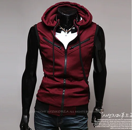 Men's Hooded Wine Multi-Zipper College Style Knitted Vest Hooded Slim Fit Waistcoat M02