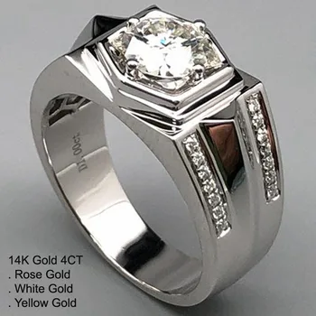 

14K White Gold 4 Carat Moissanite Diamond Ring Men Round Classic Trendy Wedding Party Engagement Anniversary Ring 4 Ct D Color
