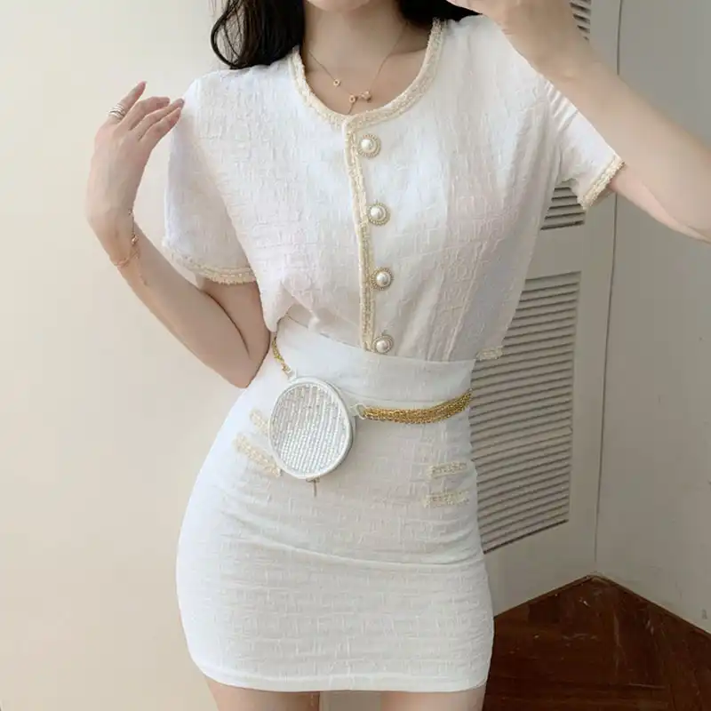 エレガントな女性 2 個セット滑走路デザイナー 夏ラウンドネックシングルブレストカーディガン ミニスカートレディースツーピースセットスーツ レディースセット Aliexpress