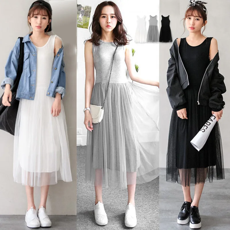 

Spring And Autumn WOMEN'S Dress Korean-style New Style Sweet Camisole Gauze Joint Modal Vest Cotton Base Dress Long Skirts