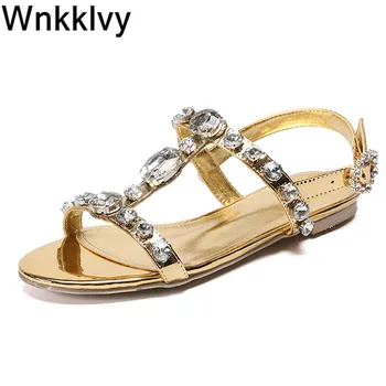 

2020 Summer Rhinestone Strap Sandals women Leisure shoes Flat Open Toe Gold Silver Casual Sapatos Comfortable Bohemian sandalias