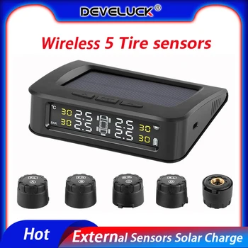 

Develuck TPMS 5 Tire sensors Pressure Alarm Monitor System Display Externa Sensors Solar Charge Pressure Control Warning tpms