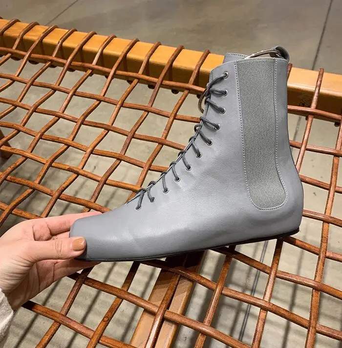 Mental Ring Women Ankle Boots Fashion Square Toe Lace Up Women Genuine Leather Shoes For Winter Boots Shoes Causal Shoes Woman