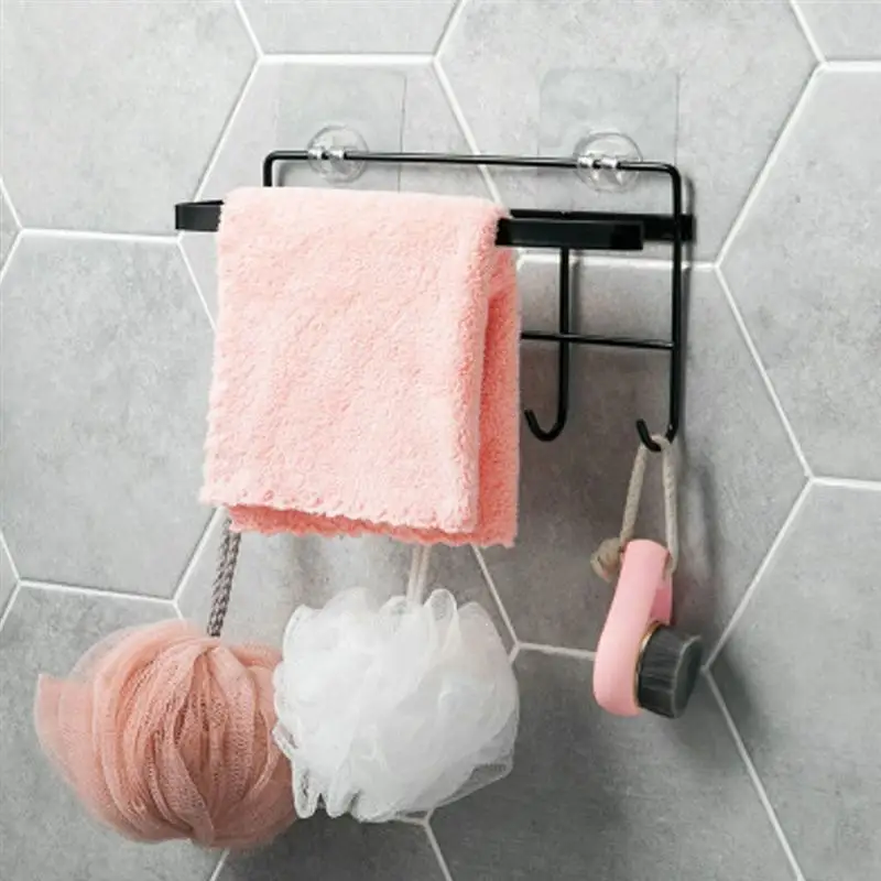 Multifunctional Storage Rack Organizer Punch Free Towel Bar Hook Hanger for Bathroom Kitchen(Black