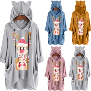 

Women Hoodie Casual Christmas Print Cat Ear Hooded Long Sleeves Pocket Dress Female Autumn Winter Dress Plus Size#45