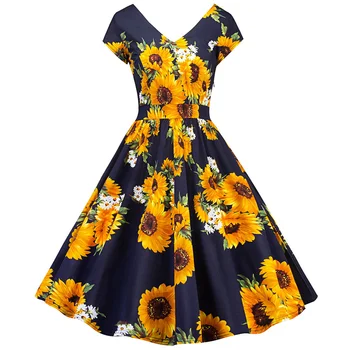 

Summer Sunflower Print Women Vintage Dress V Neck Short Sleeves Empire Retro Dress Elegant Party 1960s Feminino Vestidos
