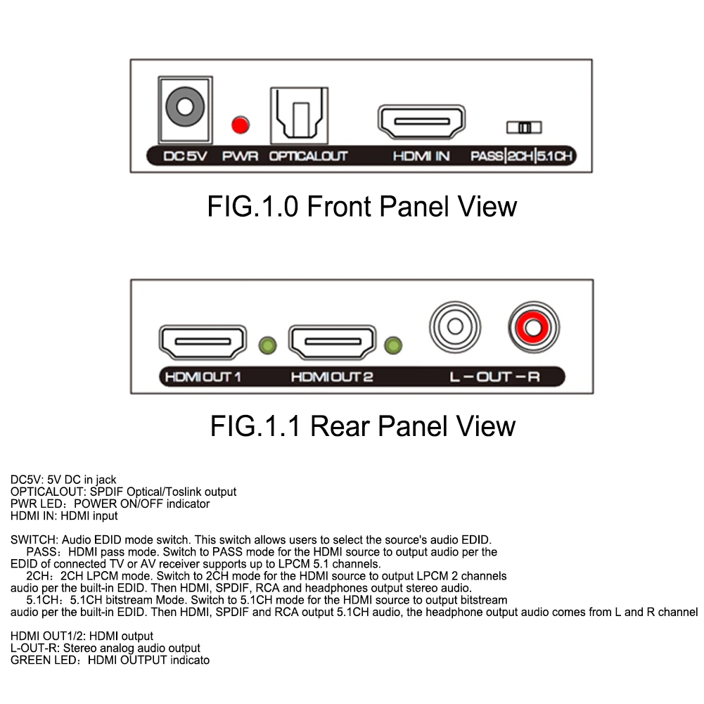 2-портовый HDMI сплиттер 1X2 HDMI аудио экстрактор Spdif аудио выход HD1080P 24bit 192 кГц DAC аудио EDID Настройка 2 HDMI выход