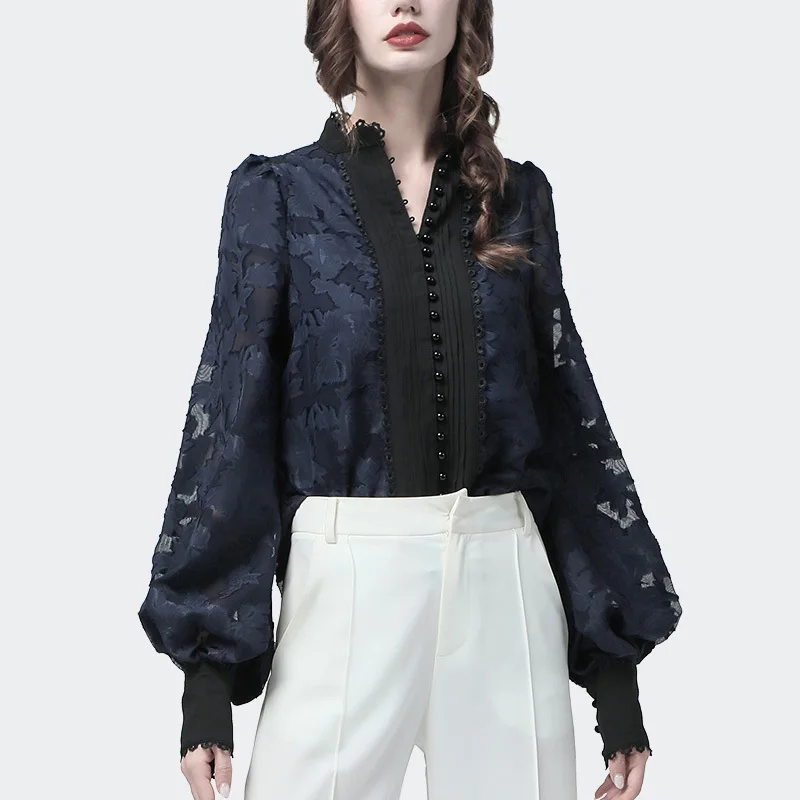 CHICEVER/Корейская шикарная Лоскутная кружевная женская рубашка со стоячим воротником с рукавом-фонариком Свободные повседневные блузки женские осенние модные новые