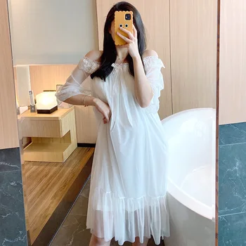 

515# Sweet Lace Reffule Thin Knitted Cotton Maternity Night Dress Summer Sexy Hot Loose Nightwear for Pregnant Women Pregnancy