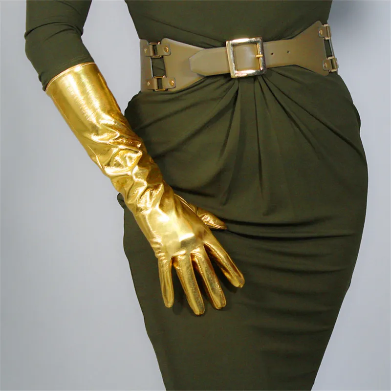 40cm Gold Очень длинные перчатки из лакированной кожи, длина 60 см, эмуляция кожи, эластичный материал из искусственной кожи, зеркальные Яркие кожаные яркие золотые женские перчатки PU18 - Цвет: 40cm Gold