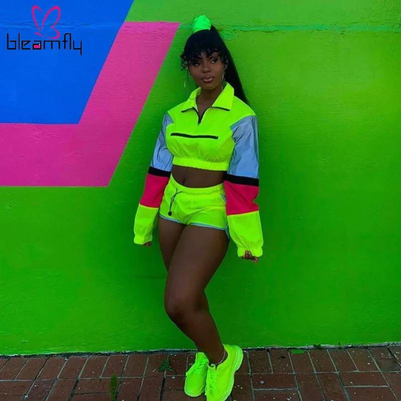 

Two Piece Set Neon Green Color Block Reflective Outfits Sports Short Matching Sets Women Tracksuit Plus Size