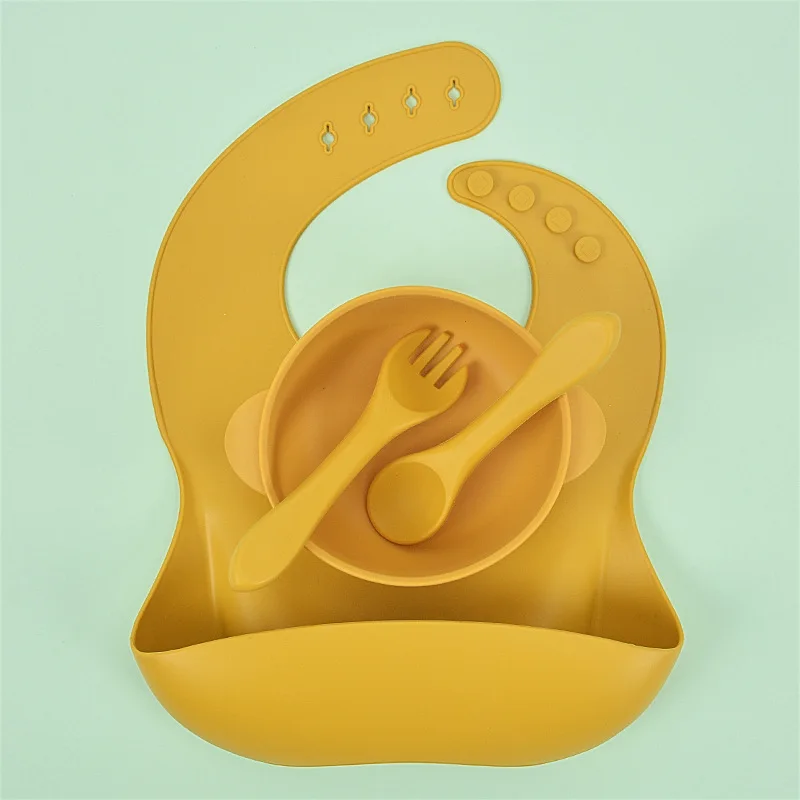 

Food Grade Baby Feeding Tableware BPA Free Baby Food Grade Silicone Bib Suction Cup Bowl Grid Plate Fork Spoon Set
