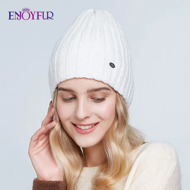 ENJOYFUR Thick warm winter hats for women soft mohair knitted female caps double lining beanies