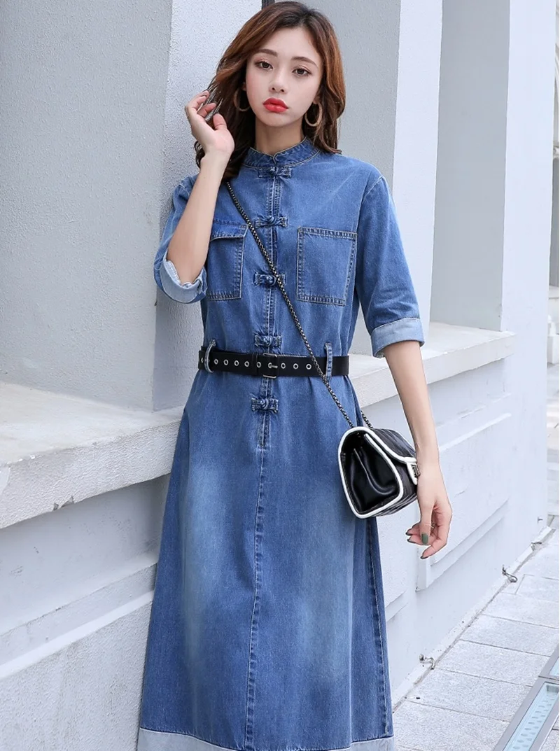 Женское платье, осень, винтажное джинсовое платье, миди, элегантное, Vestido, рукав до локтя, пояс, повседневное, Ретро стиль, джинсовые платья для женщин, AA4920