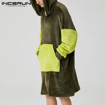 

Man Loose Pockets Nightgown Warm Color Stitching Homewear INCERUN Mens Patchwork Bathrobes Long Sleeve Hooded Sleep Robes S-5XL