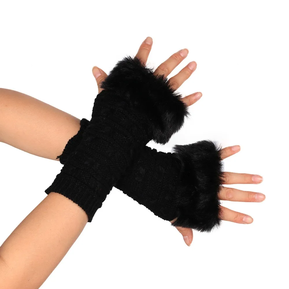 Вязаные перчатки с бабочкой из искусственного кроличьего меха, зимние перчатки без пальцев, мягкие теплые перчатки, Тактические Военные перчатки, женские перчатки