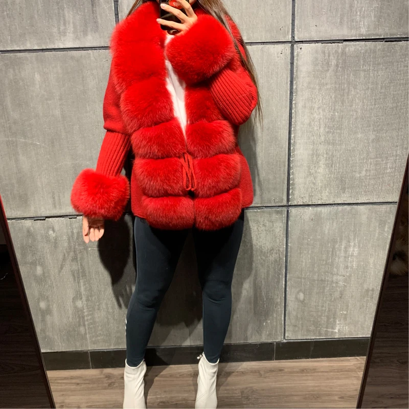 Real Fox Fur Knitwear Women/ Red Colour /fox Fur Jacket/ Standard