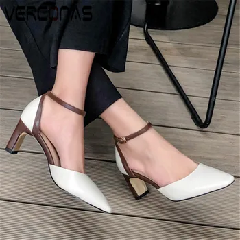 

VERCONAS Women Thick Heel Genuine Leather Top Quality Summer Sandals Pointed Toe Office Shoes High Heels Buckle Shoes Woman