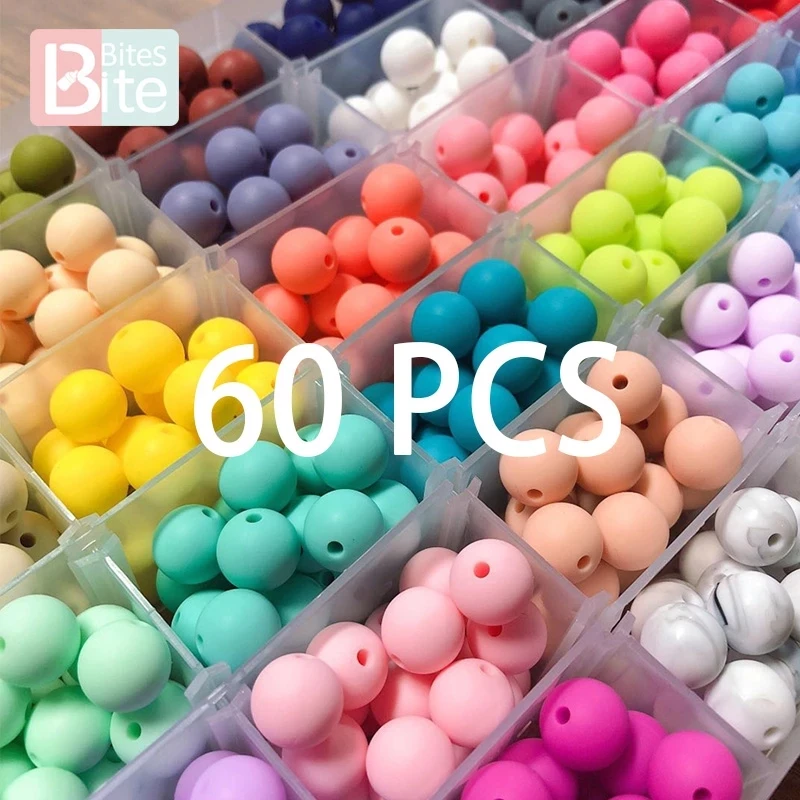60pcs 12mm Baby Teether Silicone Beads Diy Pacifier Chain Bracelet Bpa Free Chewable Round Silicone Bead Accessories For Newborn