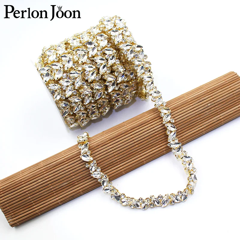 Glitzernde zarte Blatt Glas Strass Trim Gold Silber Überzug Kristall Kette DIY Braut dekorative Accessoires ML147 – Detail 8