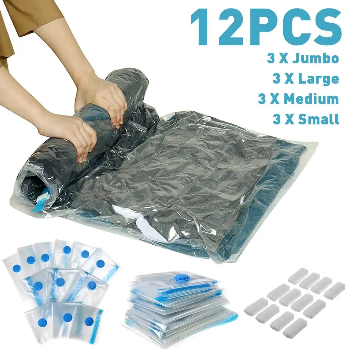 

12PCS Home Vacuum Storage Bags Clothes Travel Organizer + Pump Foldable Compressed Plastic Storage Bag Seal Bags Various Size