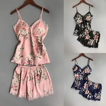 

Women Summer Pajama Sets Sexy V neck Lace Ladies Underwear Floral Print Babydoll Sleepwear Silk Satin Nightwear Sleepwear Set