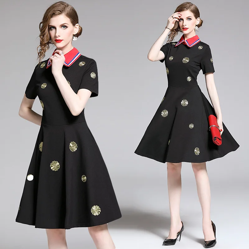 

2019 Summer New Style WOMEN'S Dress Debutante Gold Embroidery Flowers Fold-down Collar Mid-length Dress-