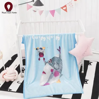 

Happy Shark Flannel Children's Blanket Double Thicken Children Cloud Blanket Light Blue Cartoon Blanket Free Shipping
