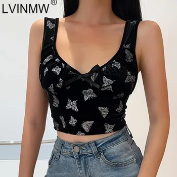 

LVINMW Sexy Backless Sleeveless Round Neck Lace Up Bow Butterfly Print Crop Top Woman Vest Slim Chic Velvet Tank Tops Club Party
