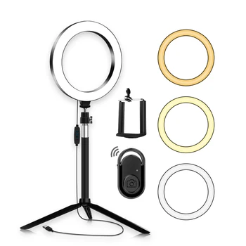 

Diammable Bi-Color Ring Video Light Tabletop Tripod Selfie Stick Phone Holder for Live Streaming Making-up Photography Portable