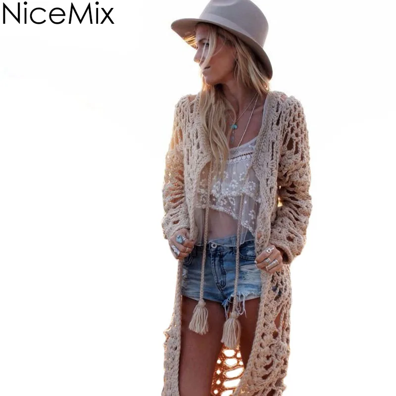

NiceMix 2016 Casual Cardigan Women Sweater Bohemia Long Cardigans Sexy Hollow Out Knitwear Tassel Long Sweaters Maglioni Donna