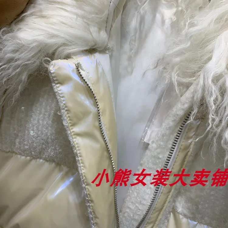 Женская парка с воротником из овечьего меха и пайетками, стильное ветрозащитное женское пальто с хлопковой подкладкой, Свободное пальто, куртки, длинные теплые парки