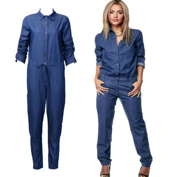 

New Arrival Retro Women Summer Denim Clubwear Long Playsuit Bodycon Party Jumpsuit Romper Navy Blue Lady Causal Jumpsuits