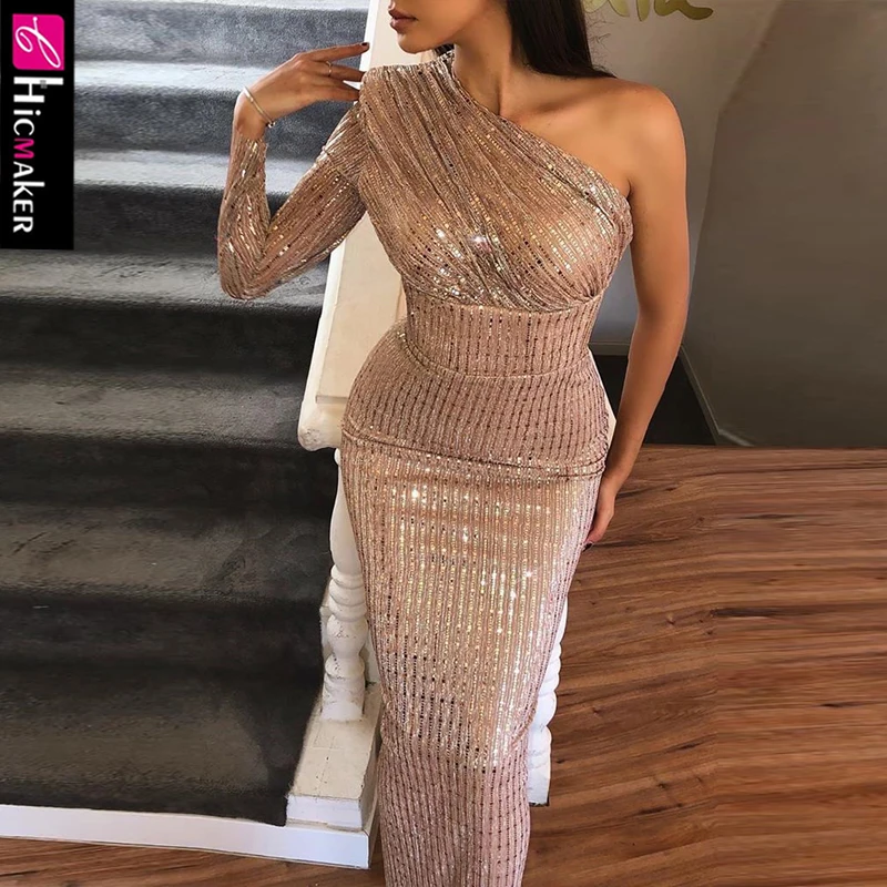 Блестящее платье на одно плечо с рюшами блестками длинным рукавом для женщин
