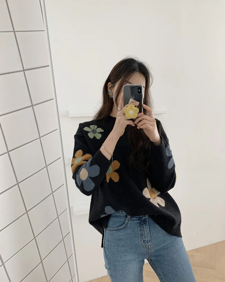 

2020 Autumn Korean Women O Collar Chic Knitted Pull Pullovers Elegant Floral Hedging Sweaters Vintage Preppy Style Sueter Mujer