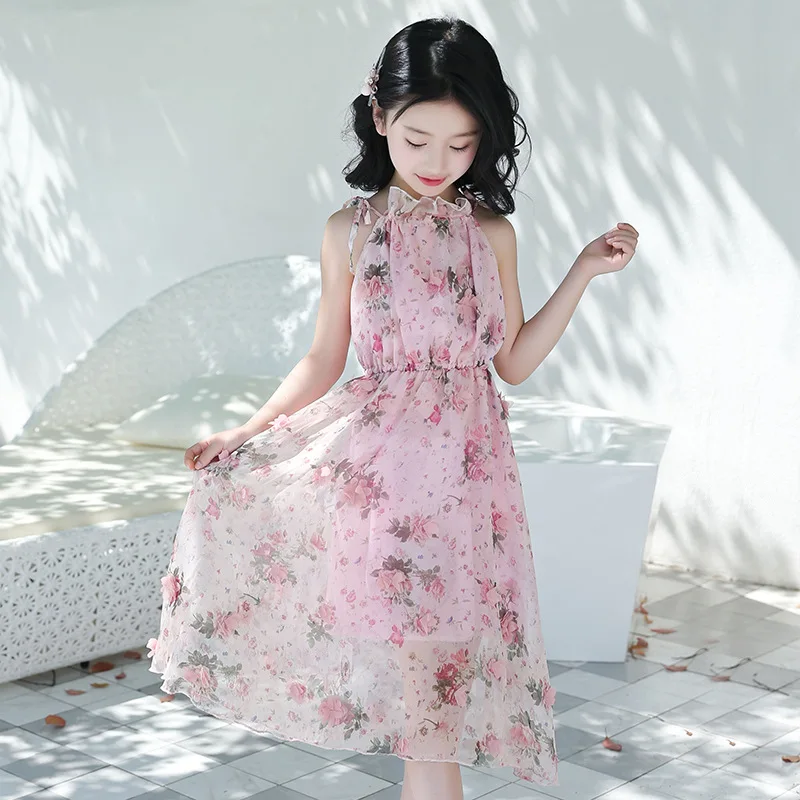 

Childrenswear Princess Skirt Summer Wear Beach Skirt 2019 New Style Children Lace-up Flower Girls Floral-Print Chiffon Dress