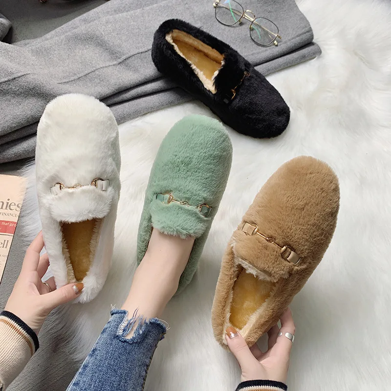 

freeshipping 2019 Autumn Winter new women shoes net red plush flat lazy one foot plus velvet outerwear fashion wild trend