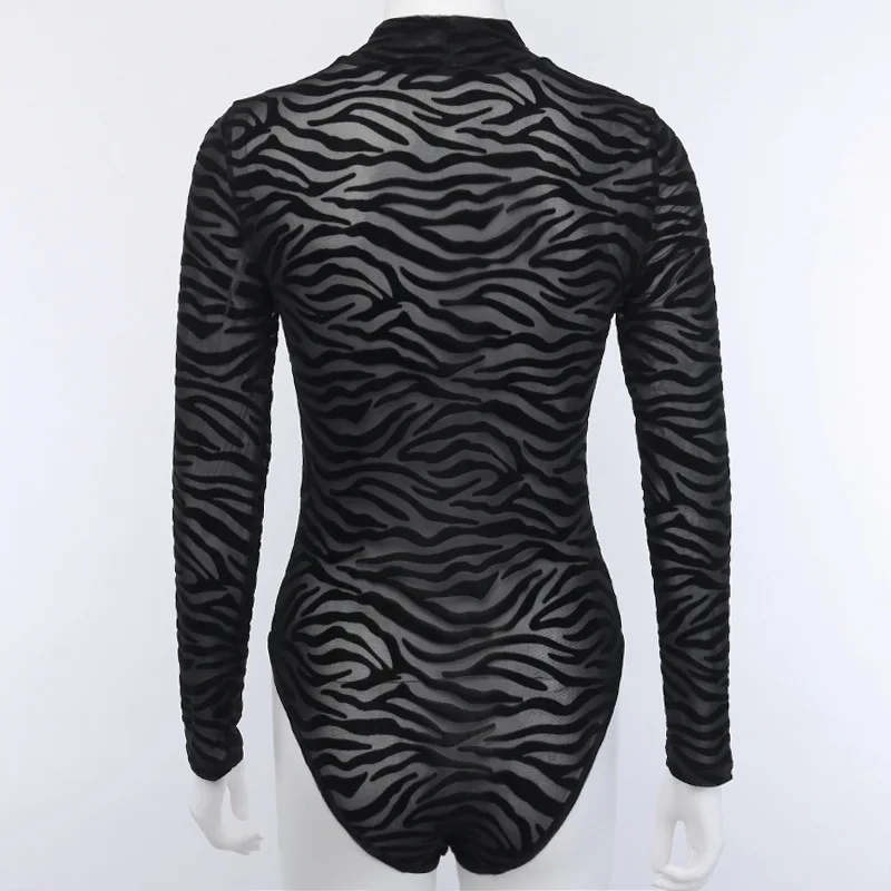 Animal Print Sexy Transparent Mesh Rompers Womens Jumpsuit Turtleneck Skinny Long Sleeve Bodysuit Fall One Piece Black Playsuit