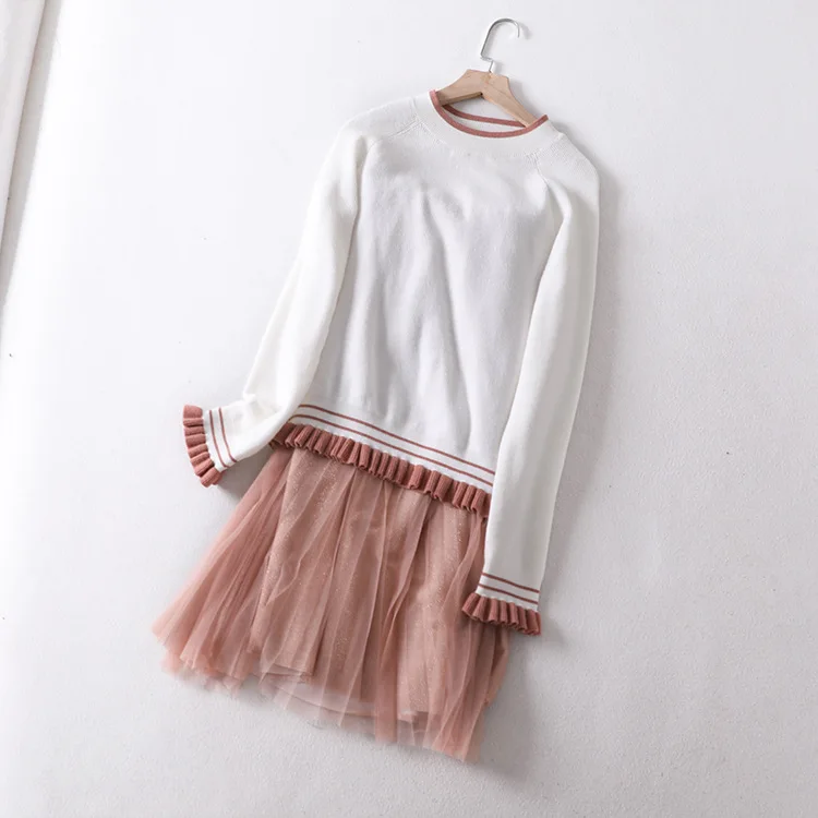 

One's Fashion Spring And Autumn Knitted Mesh Dress France Non-mainstream Dress Two-Piece Set Entity
