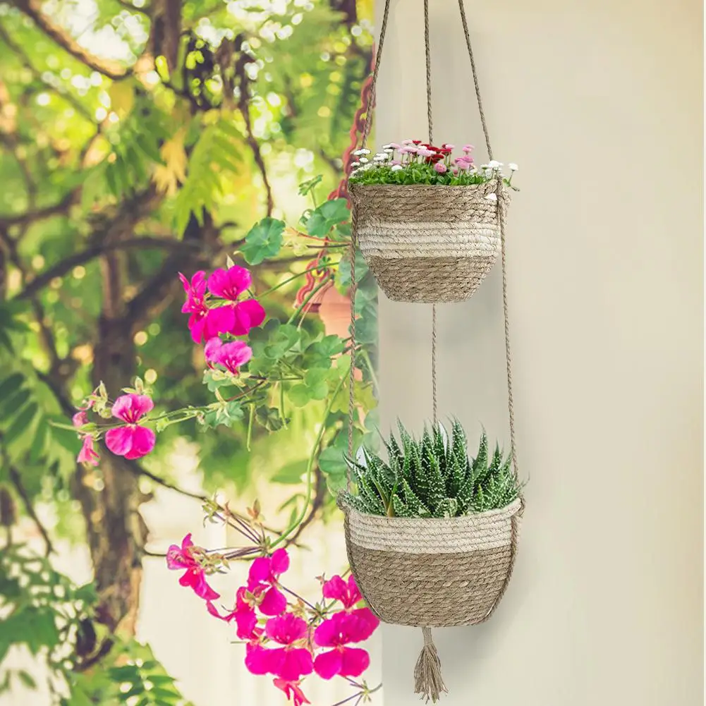 

2 Tier Storage Basket Rattan Straw Basket Wicker Seagrasss Folding Laundry Flower Pot Flower Vase Home Hanging Basket
