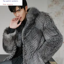 Зимнее Мужское пальто из натурального меха лисы, длинное пальто из натурального меха серебристой лисы, теплые роскошные куртки для мужчин, пальто 18156 KJ3316