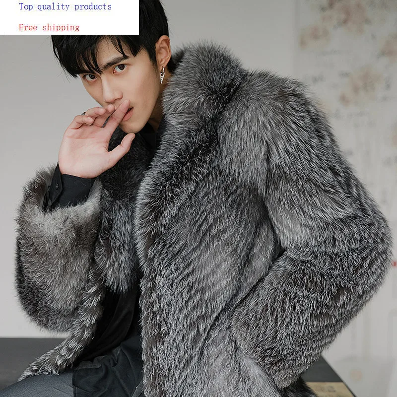Зимнее Мужское пальто из натурального меха лисы длинное серебристой теплые