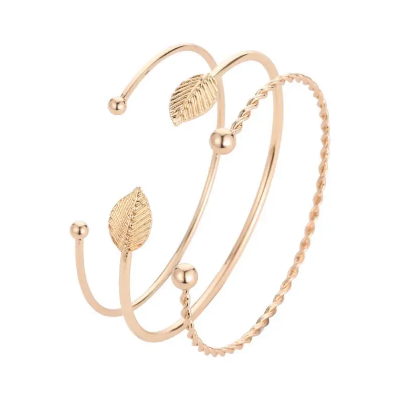 Bangle Bracelet Gold SV Plated Cuff Women Leaves Open Threepiece Suit