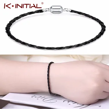 

Kinitial Hot Black Genuine Leather Bracelets Charm Bracelet DIY Jewelry For Male Accessories Hand Cuff Bijoux Armband pulsera