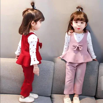 

Children Baby Girls Korean Clothing Set Spring Autumn Polka Dot Bow Dress Suit Female Child Costume Outerwear for 1 2 3 4 Years