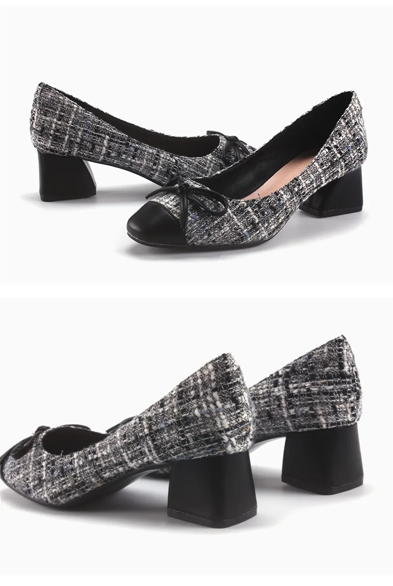 Korean Plaid Single High Heels Pumps Shoes Woman 2020 New Square Toe Thick Heels Women Pumps Fashion Bow High Heel Women's Shoes (12)